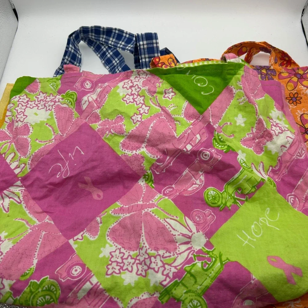 Lot‎ of 3 Floral Patchwork Cotton Tote Bags Pink Ribbon Awareness Yellow Orange